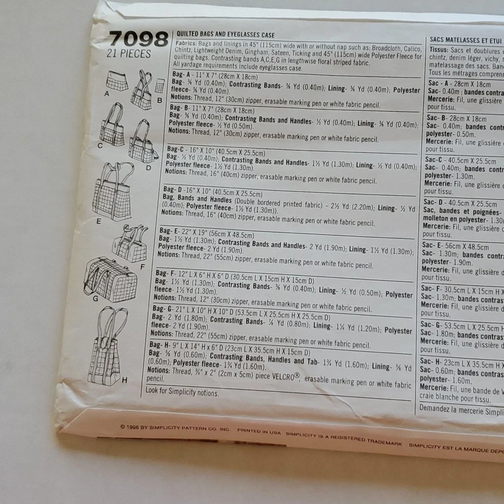 Vintage - Simplicity 7098 Sewing Patterns - Various Bags